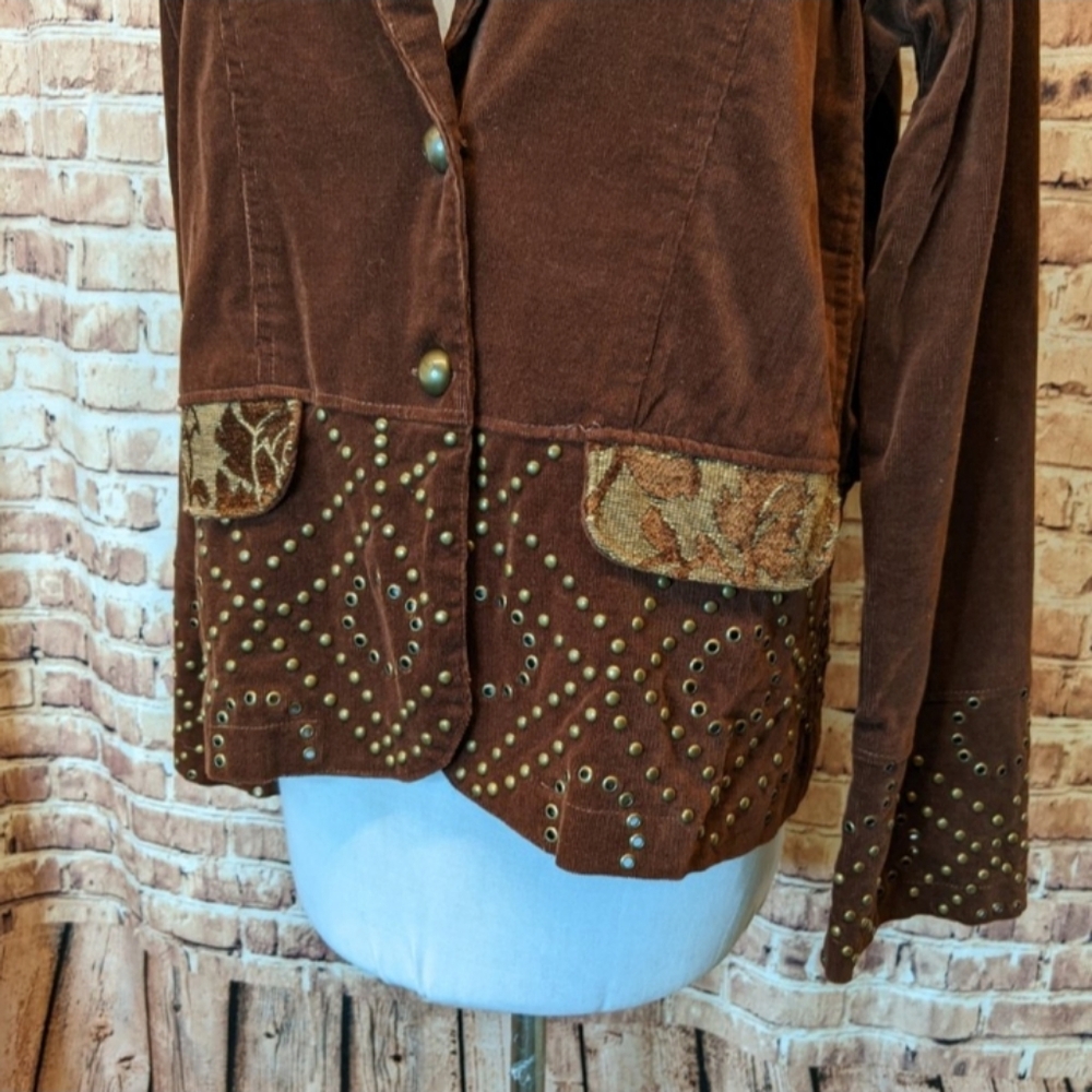 Corduroy Jacket With Grommet Metal Stud Embroidery Lace-up Corsetting Details L - Picture 3 of 6